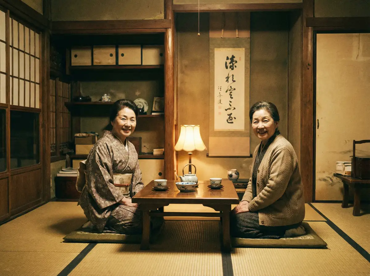 两位优雅的 9体育app 在日式茶室中品茶交谈
